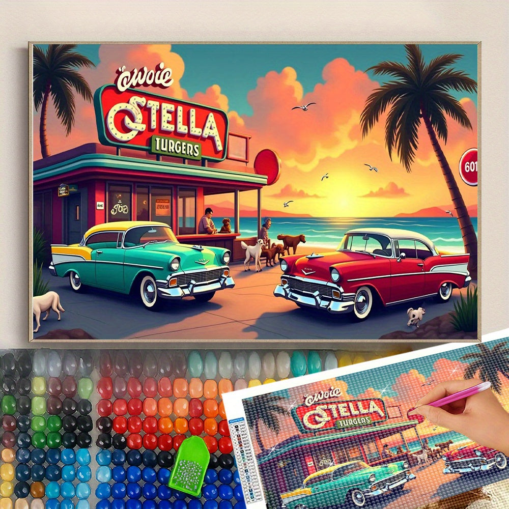 Retro Diamond Painting Kit for Adults - Beach and Car Theme
