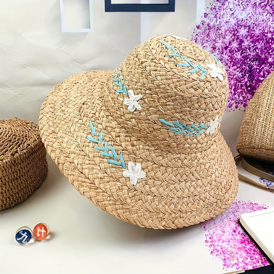 Vintage Flower Embroidery Khaki Bucket Hat Sun Hat