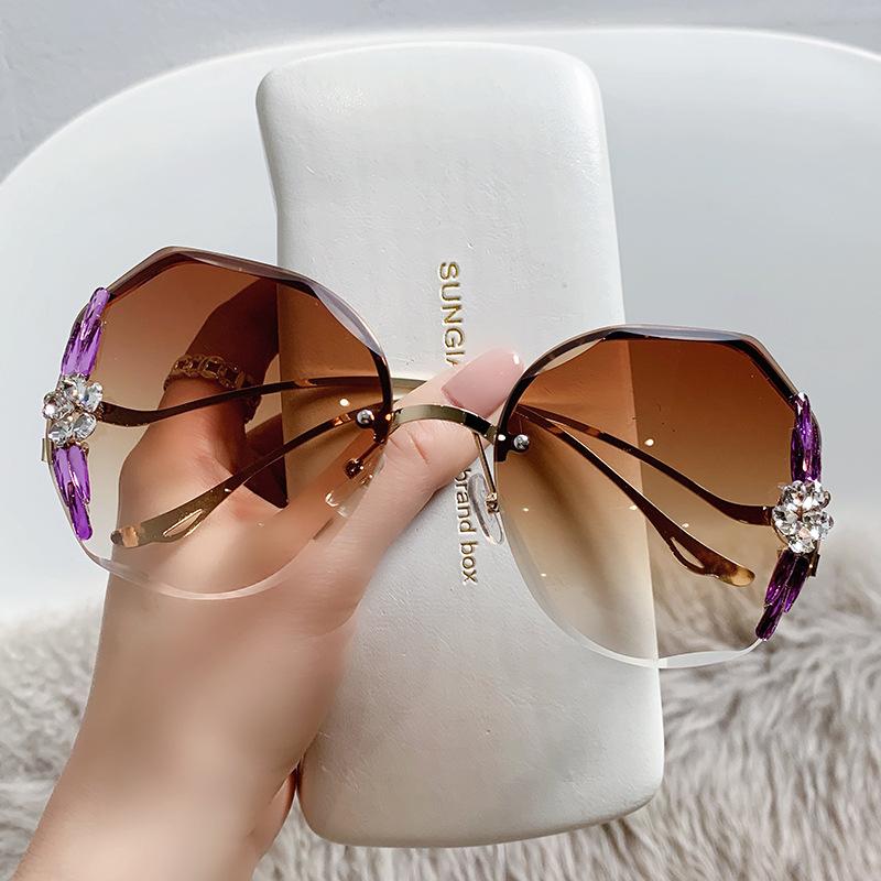Oversized Rimless Rhinestones Sunglasses Gradient Vintage Ladies