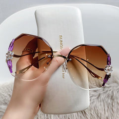 Oversized Rimless Rhinestones Sunglasses Gradient Vintage Ladies