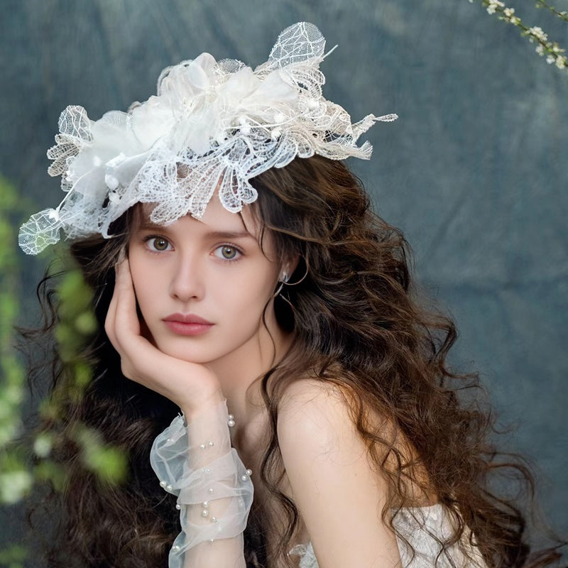 Vintage Bride Floral Hat with Lace Detail Mesh Fabric