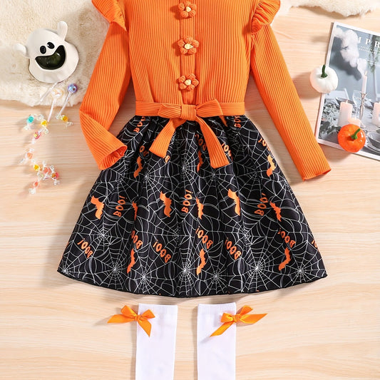 Girls' Halloween Pumpkin Print Princess Dress