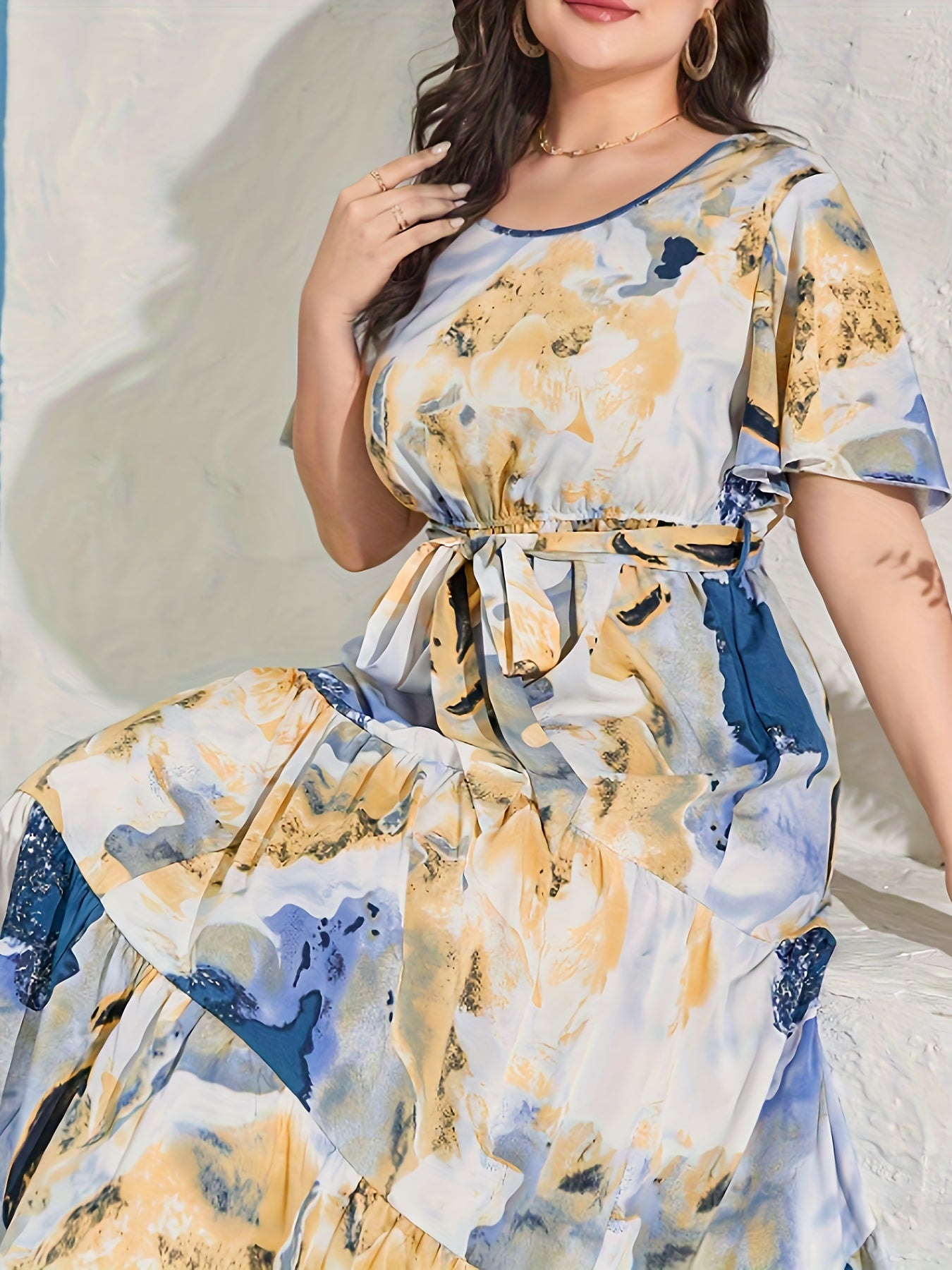  Marble Print Butterfly Sleeve Maxi Smock Dress With Belt