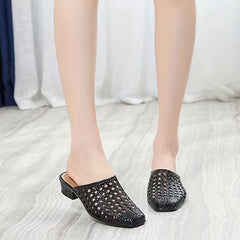 Women's Hollow Out Slides Block Heel Shoes Breathable Summer Shoes