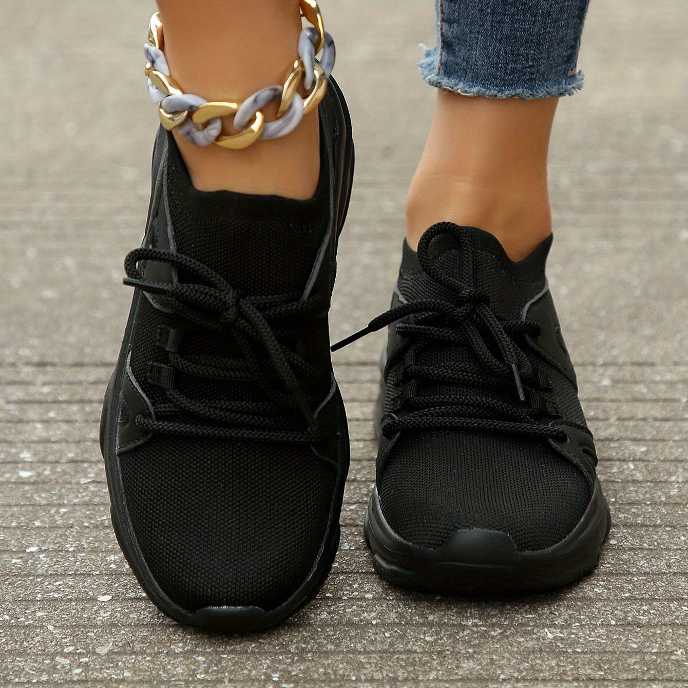 Women's Chunky Sneakers Breathable Knit Lace Up Comfy Walking Shoes