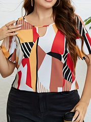  Colorblock Geometric Print Short Sleeve Blouse
