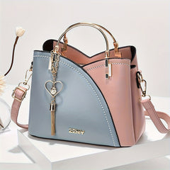 Tassel Accented Colorblock Handbag for Women Crossbody Bag with Zip Closure