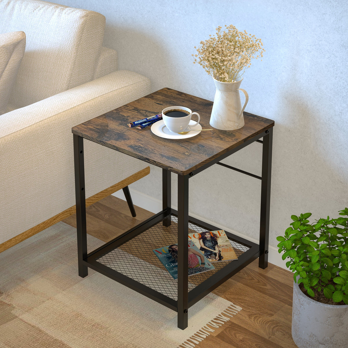 2 Tier End Table Nightstand with Storage Shelf Industrial Style Rustic Brown