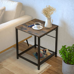 2 Tier End Table Nightstand with Storage Shelf Industrial Style Rustic Brown
