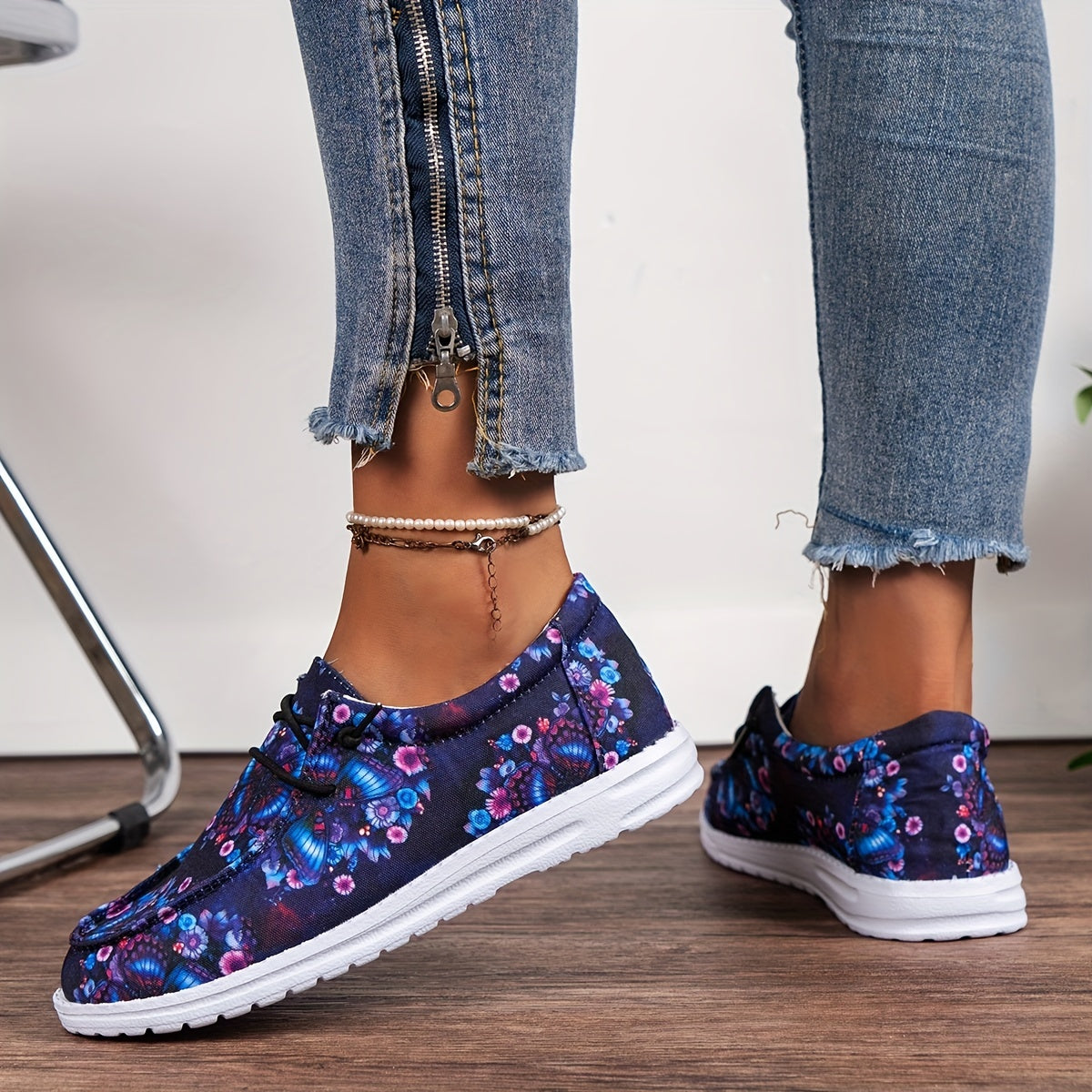 Women's Butterfly & Floral Print Flats Slip On Canvas Shoes Lightweight