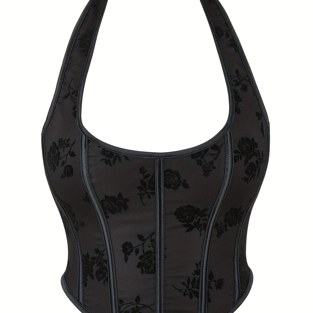 Floral Pattern Bustier Mesh Halter Top for Summer