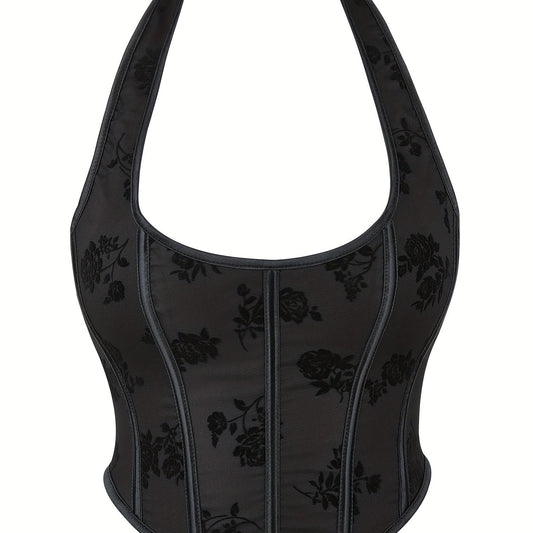 Floral Pattern Bustier Mesh Halter Top for Summer