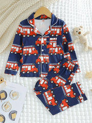 Boys Fire Truck Print Pajama Set Long Sleeve Button Front Loungewear