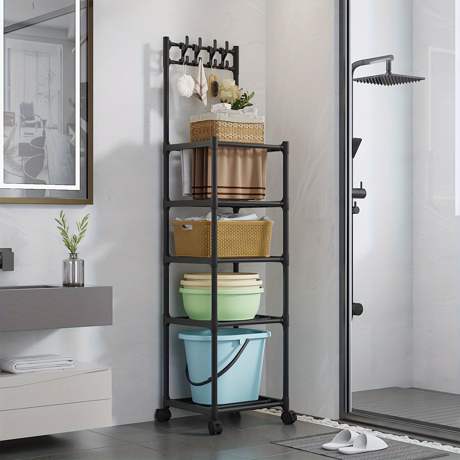 5 Layer Kitchen Storage Rack with Pulleys & Hooks Standing Rack