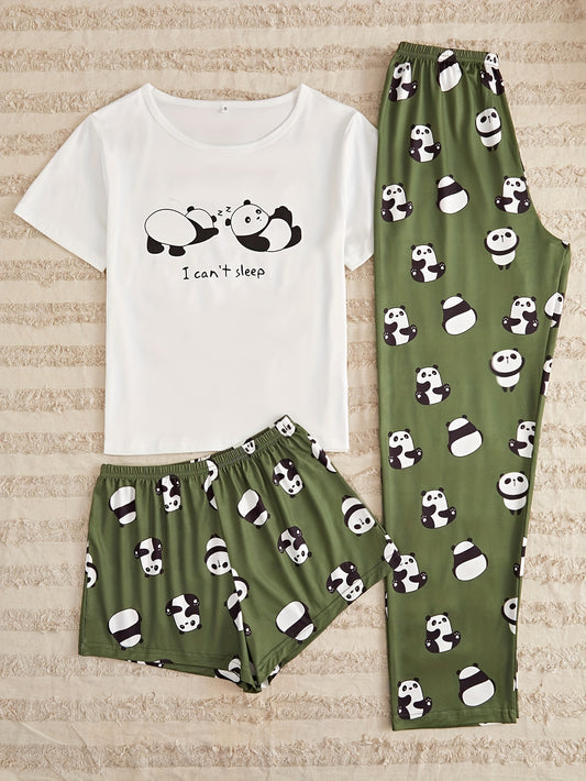 Panda Print Pajamas Set Short Sleeve Top & Shorts - Women's Sleepwear
