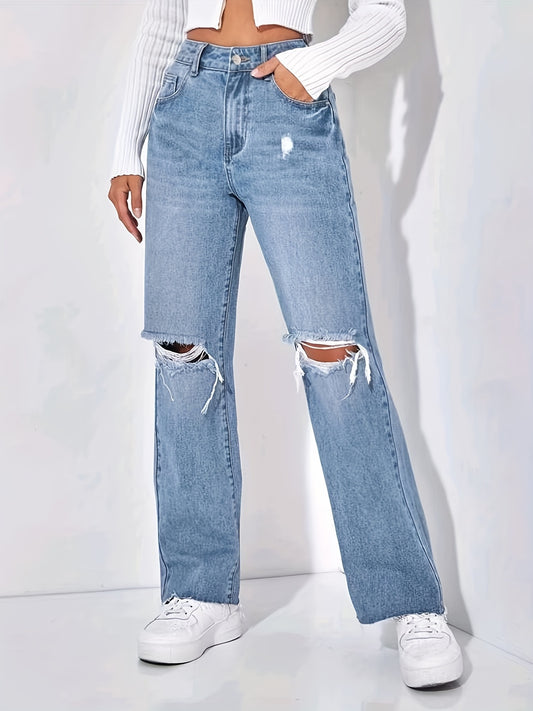 Frayed Trim Straight Jeans Boyfriend Style Wide Legs