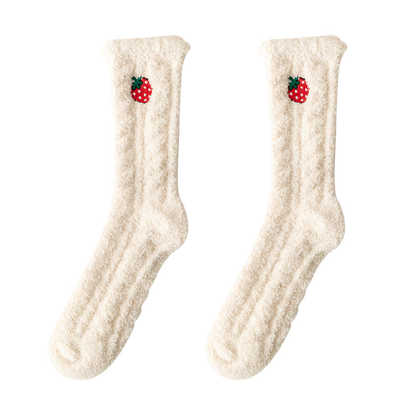 Fruit Embroidered Fuzzy Texture Mid Tube Socks