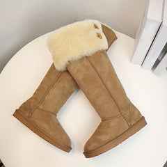 Women's Plush Snow Boots Slip On Leather Button Winter Boots