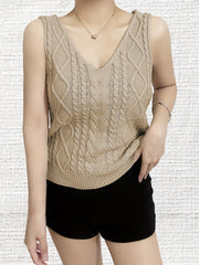 V Neck Knitted Tank Top Solid Sleeveless Casual Knitted Top