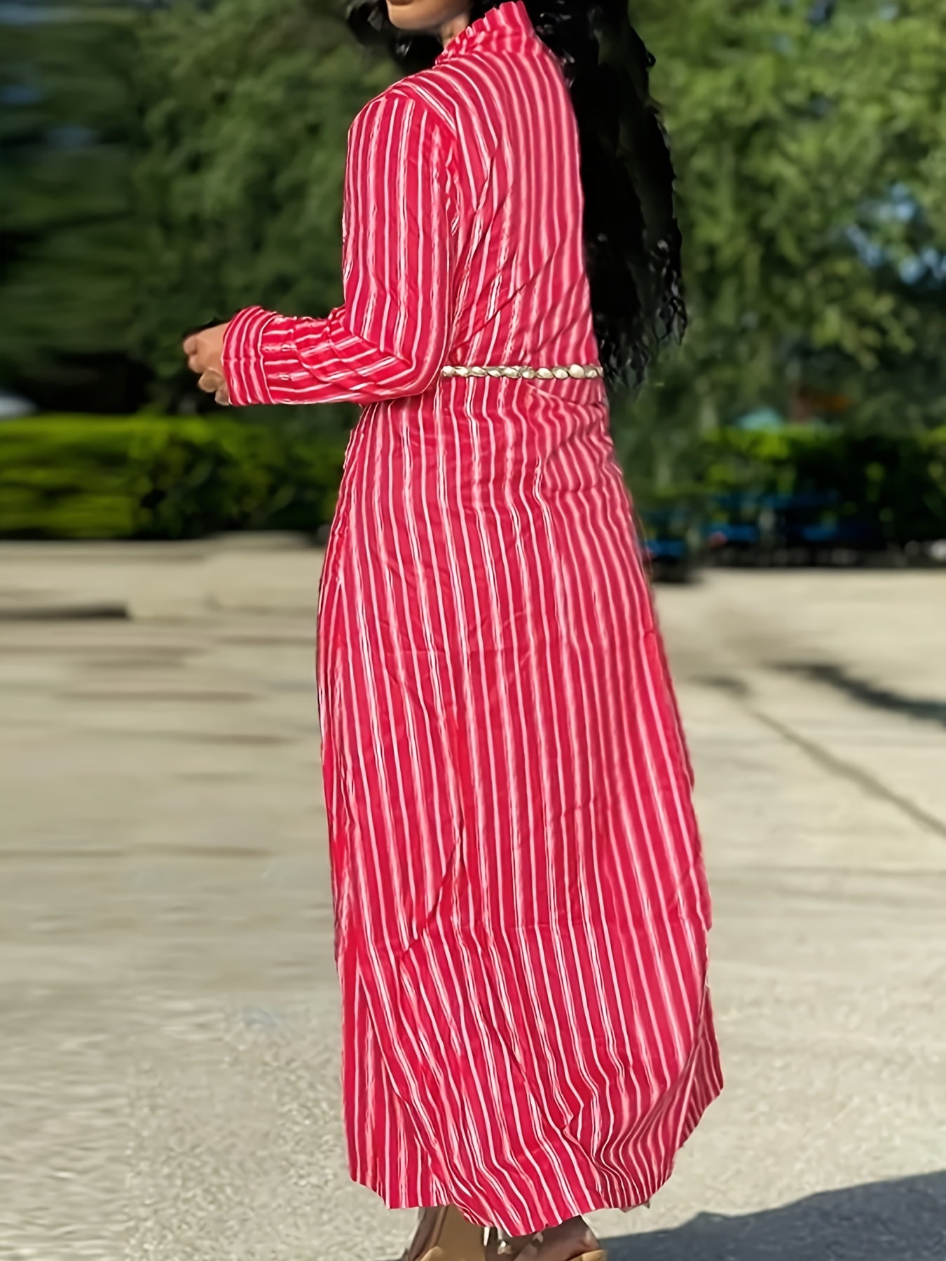  Stripe Print Long Sleeve Open Front Maxi Cardigan