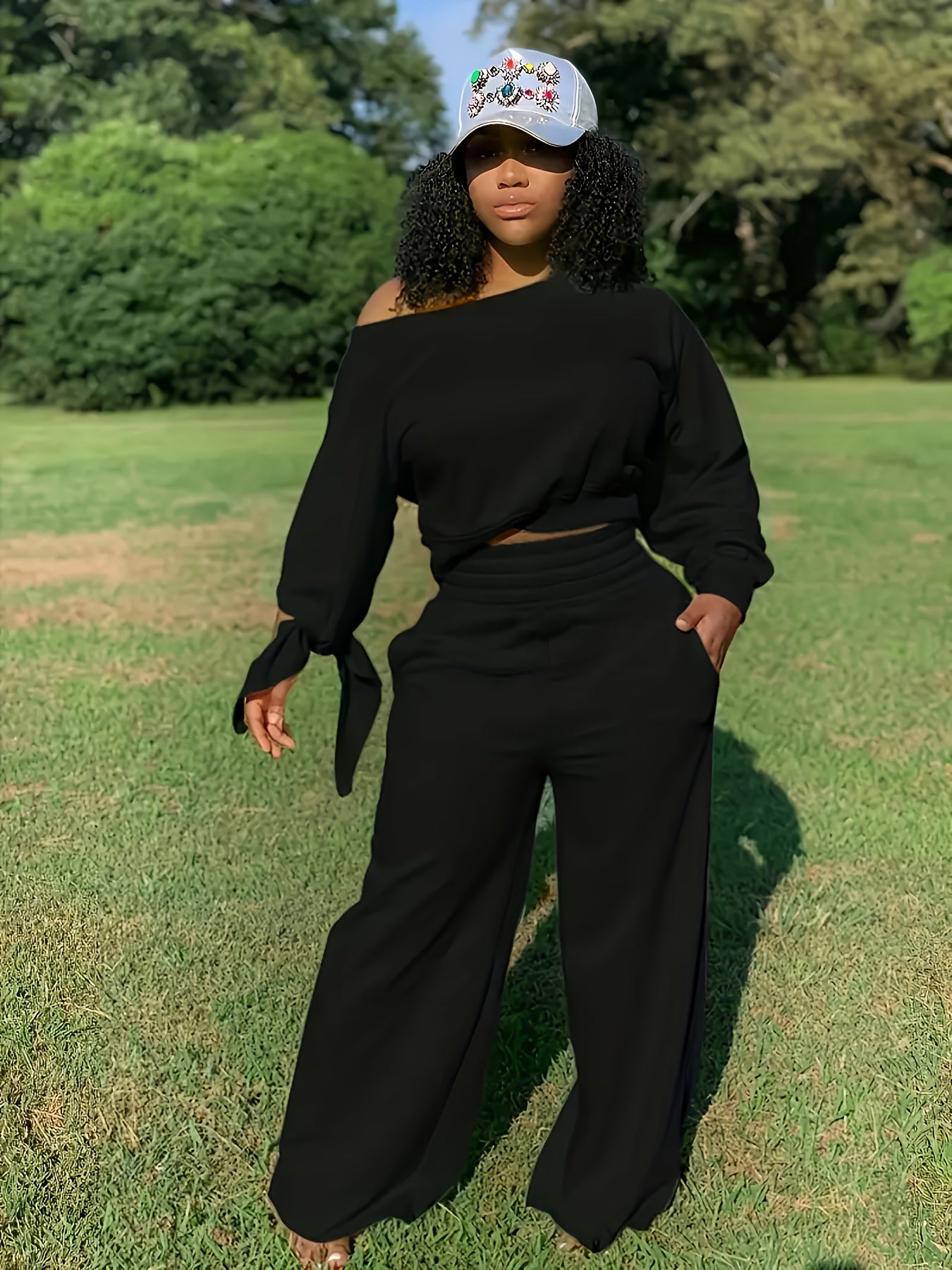  One Shoulder Crop Top & Wide Leg Pants Set