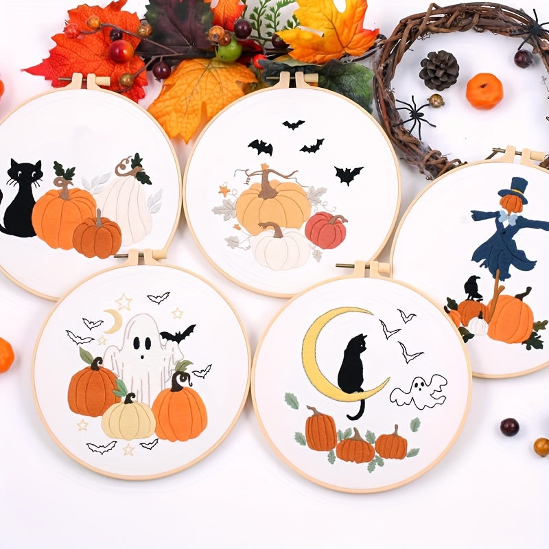 Halloween Embroidery DIY Material Kit - Cat Ghost Bat Witch Pumpkin