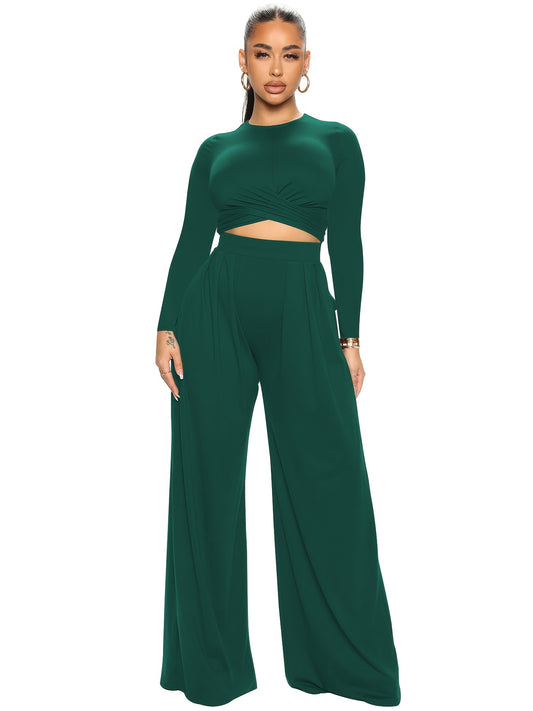 Solid Two Piece Set Crop Top & Wide Leg Pants Outfits Women's Clothing