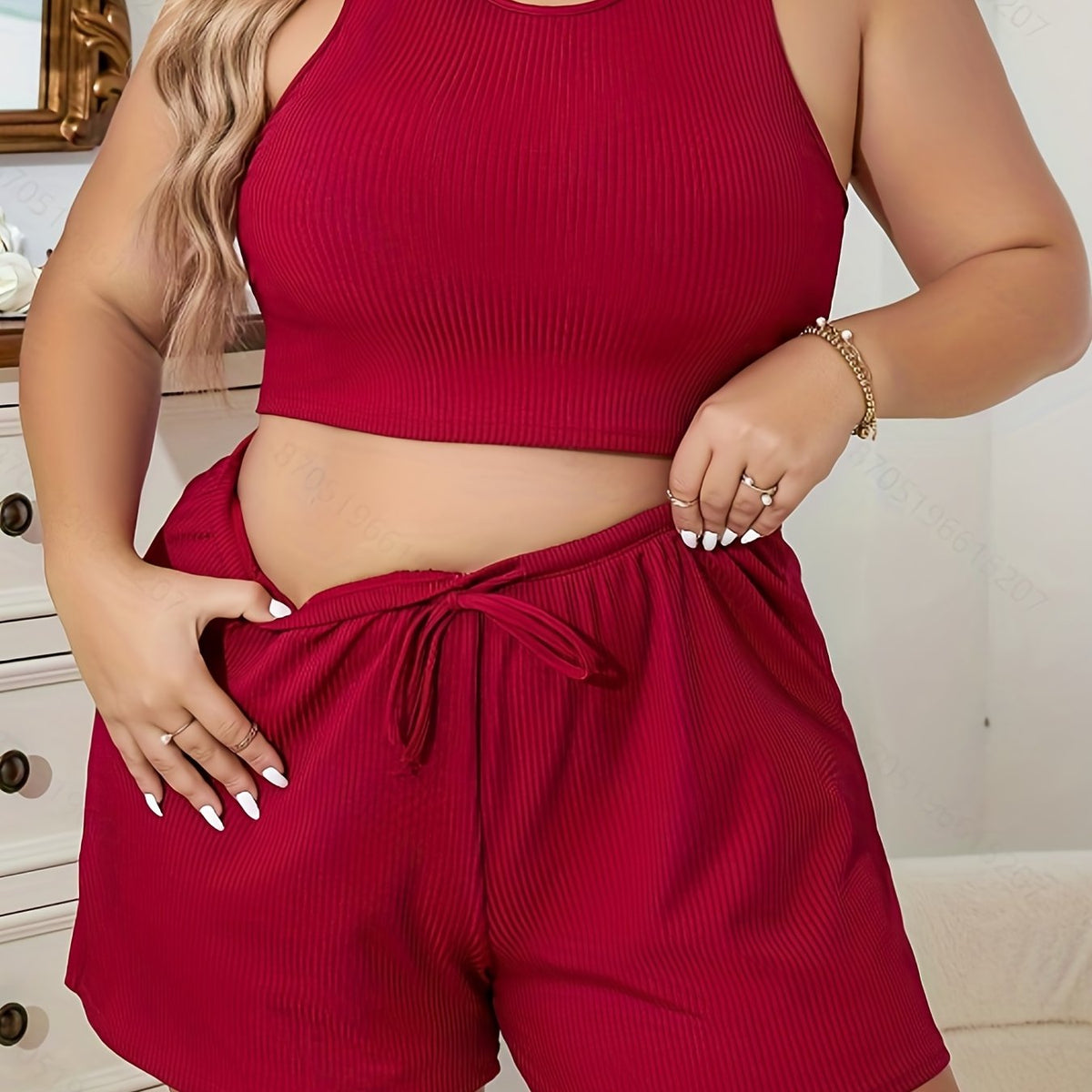  Ribbed Racer Back Crop Tank Top & Tie Shorts Pajama Set
