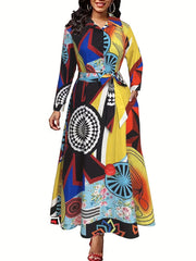 Geometric Print Long Sleeve Belted Dress
