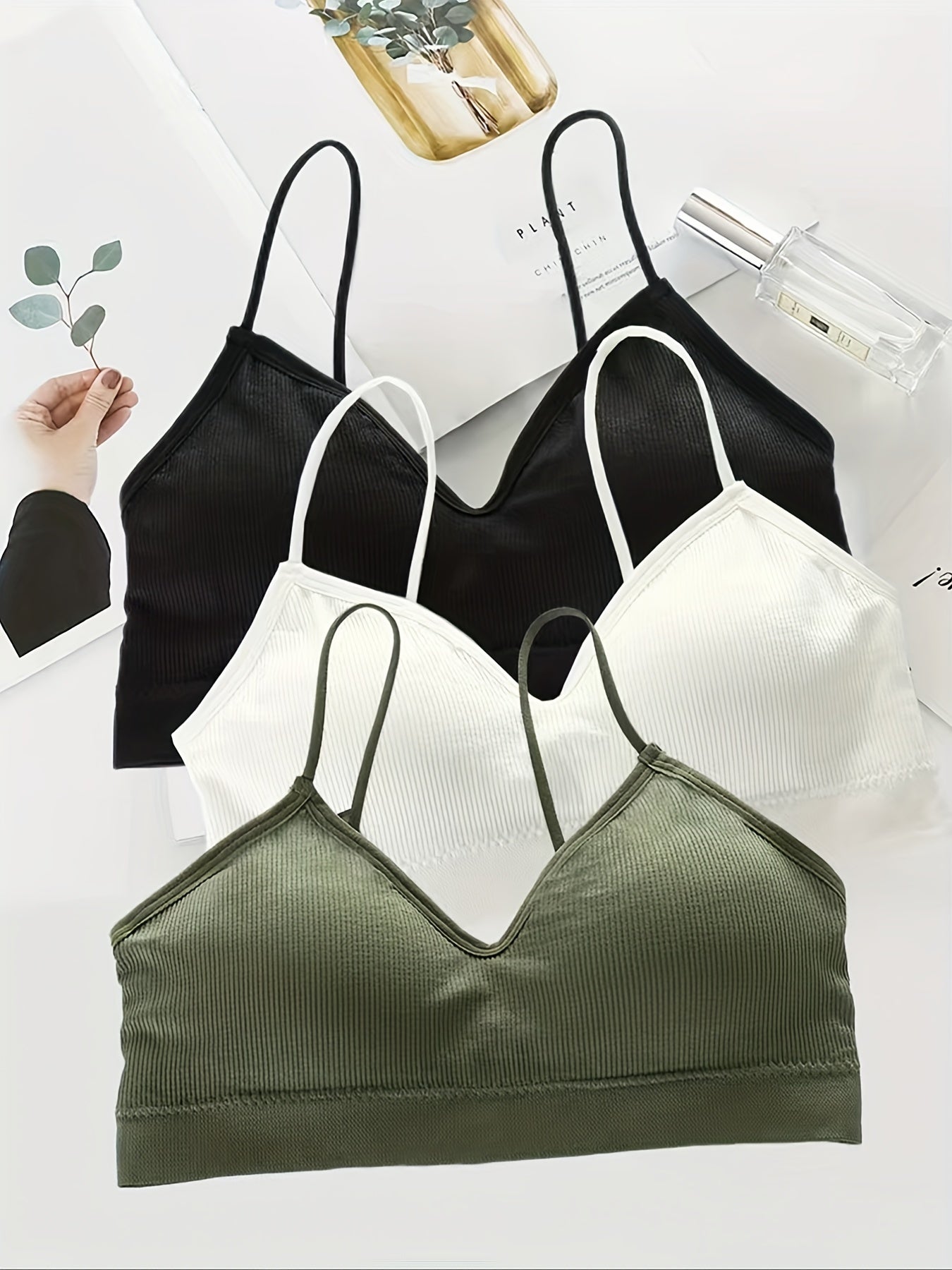 3pcs Solid Ribbed Wireless Bras Comfy Stretch Intimates Bra Women's Lingerie