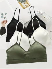 3pcs Solid Ribbed Wireless Bras Comfy Stretch Intimates Bra Women's Lingerie