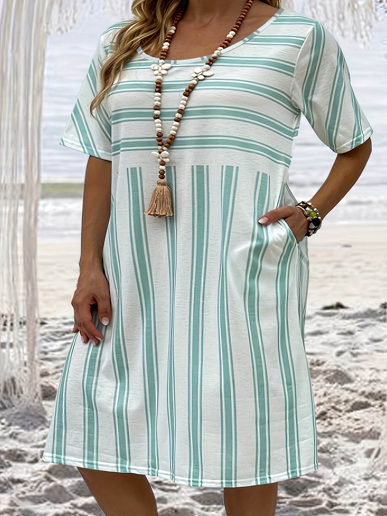  Striped Short Sleeve Midi Dress