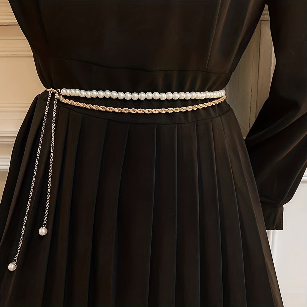 Vintage Faux Pearl Chain Waistband Golden Fringe Girdle