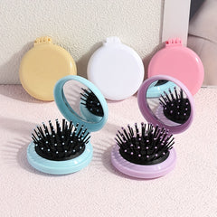 Round Folding Hair Brush With Mirror Mini Compact Massage Comb