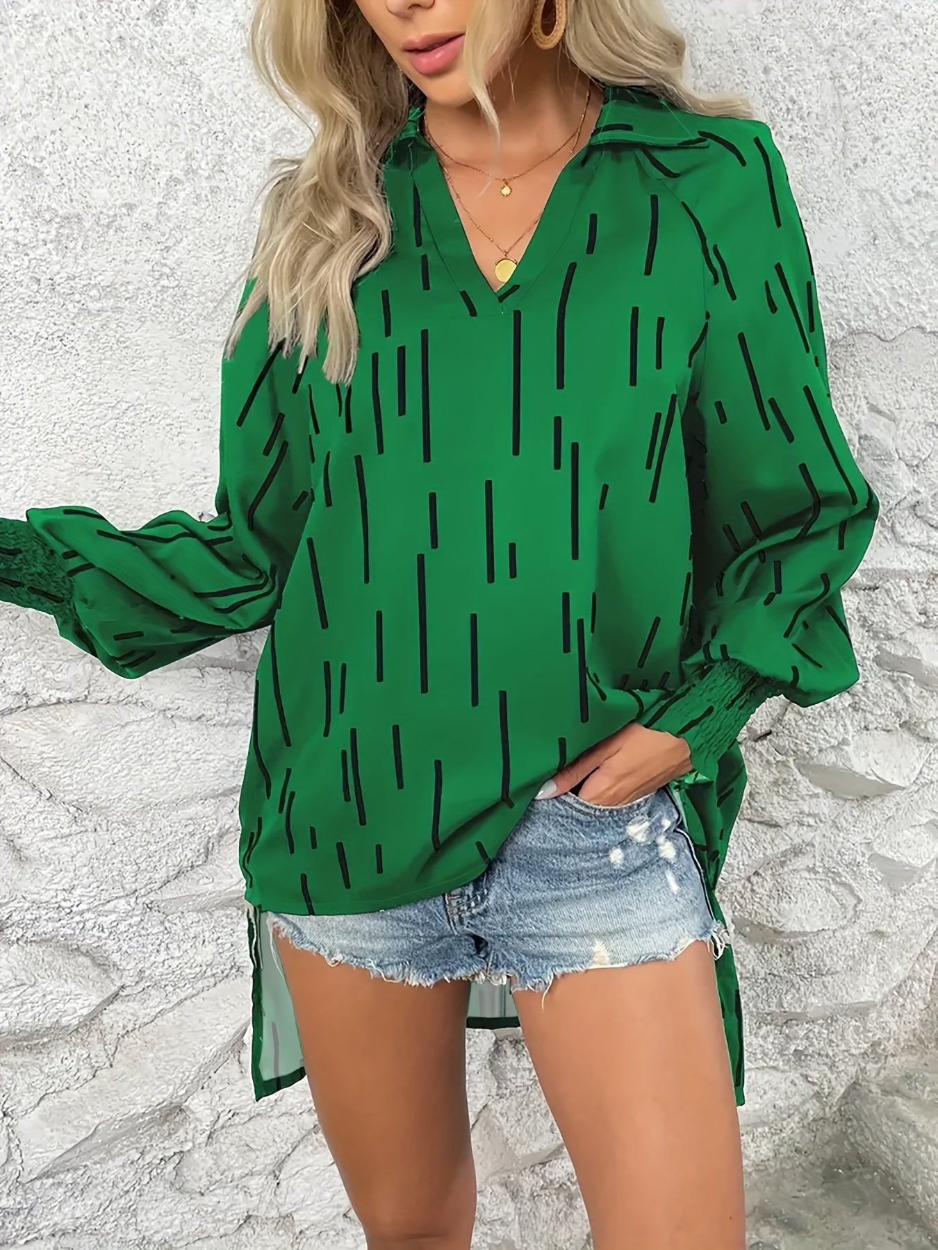  Stripe Print Lantern Sleeve V Neck Tunic Top