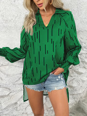  Stripe Print Lantern Sleeve V Neck Tunic Top