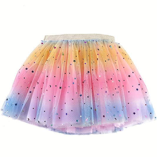 Girls Colorful Star & Dot Sequin Mesh Dancing Skirts For Kids Party