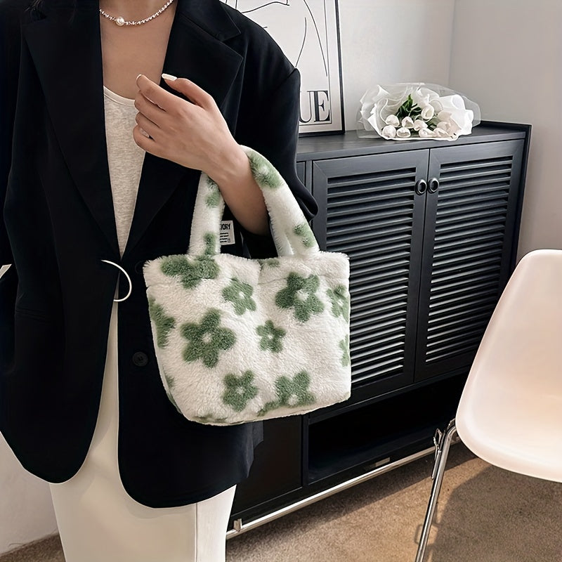 Flower Pattern Satchel Bag Plush Handbag Women's Tote Bag
