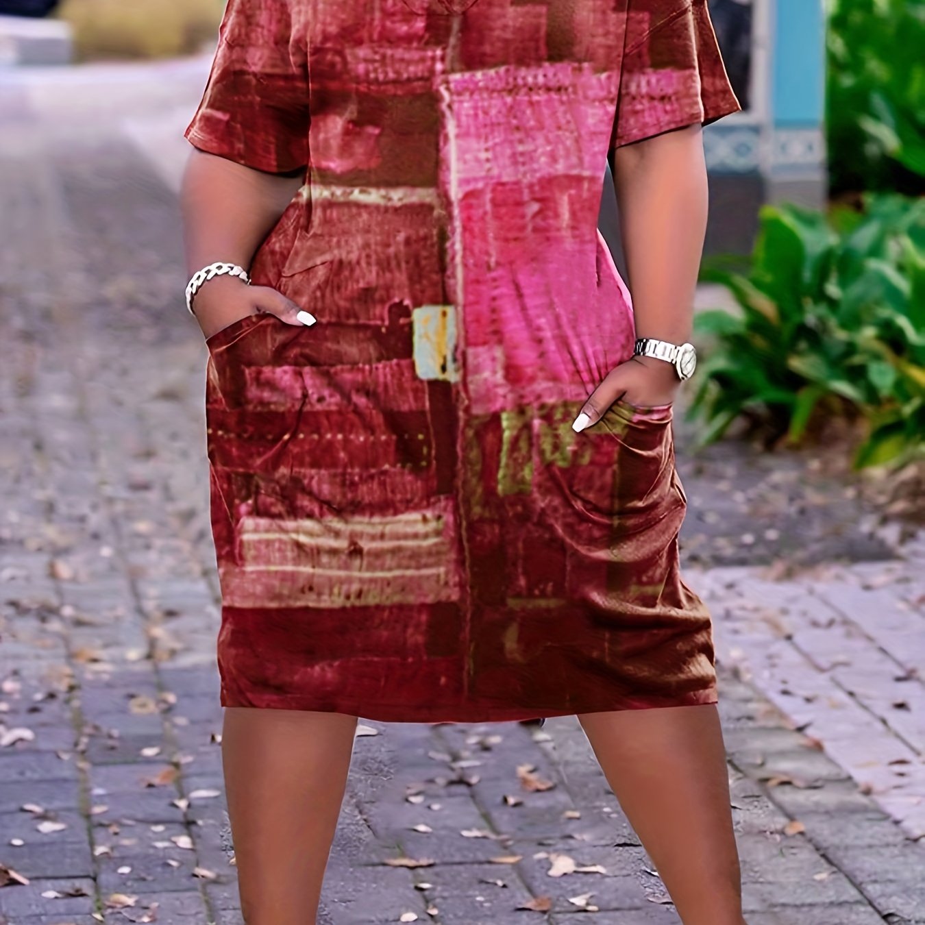  Denim Print Short Sleeve V Neck Dress With Pockets