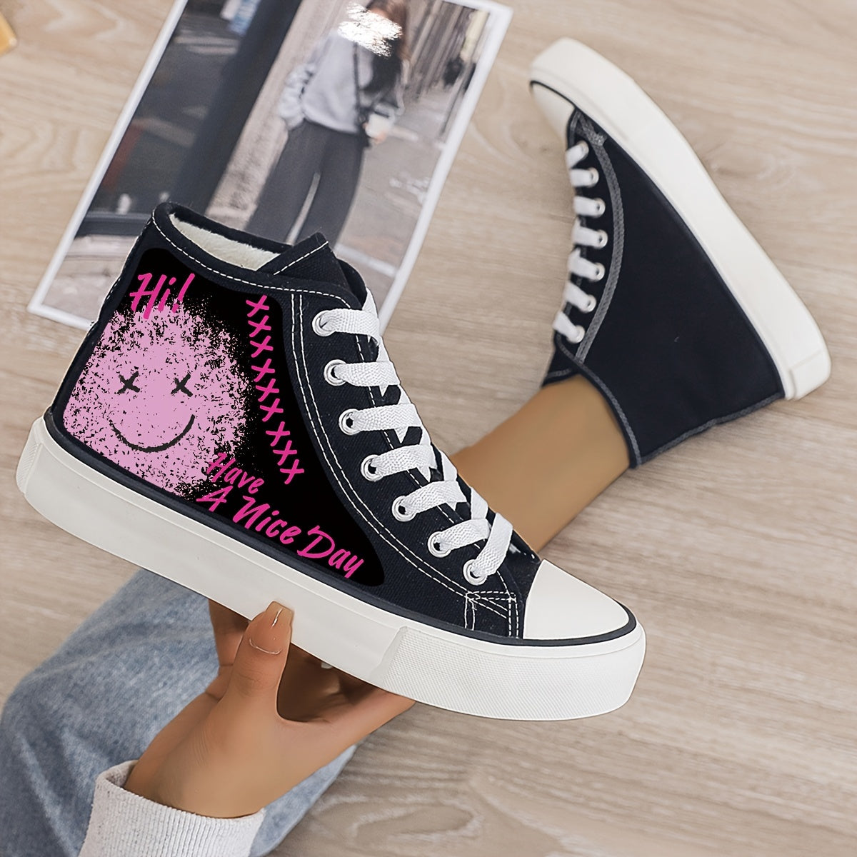 Graffiti Face Print Plush Lined Sneakers