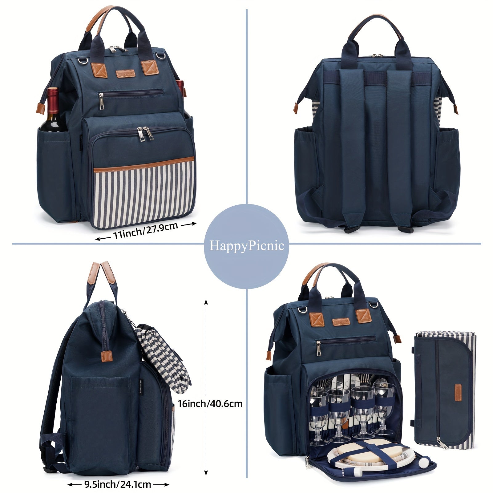 Picnic Backpack Bag for 4 Insulated Cooler Pouch Wooden Cutlery