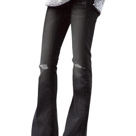 Ripped Holes Flared Jeans Bell Bottom High Waist Wide Legs High Rise Denim Pants