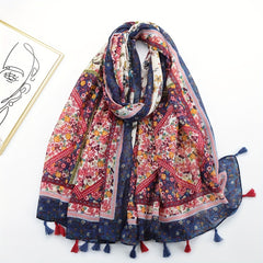 Vintage Floral Paisley Print Scarf Boho Block Tassel Shawl