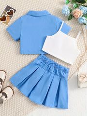 3pcs Girls Button Shirt & Pleated Skirt & Cami Crop Top Set