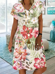 Plus Leaf & Floral Print V Neck Dress