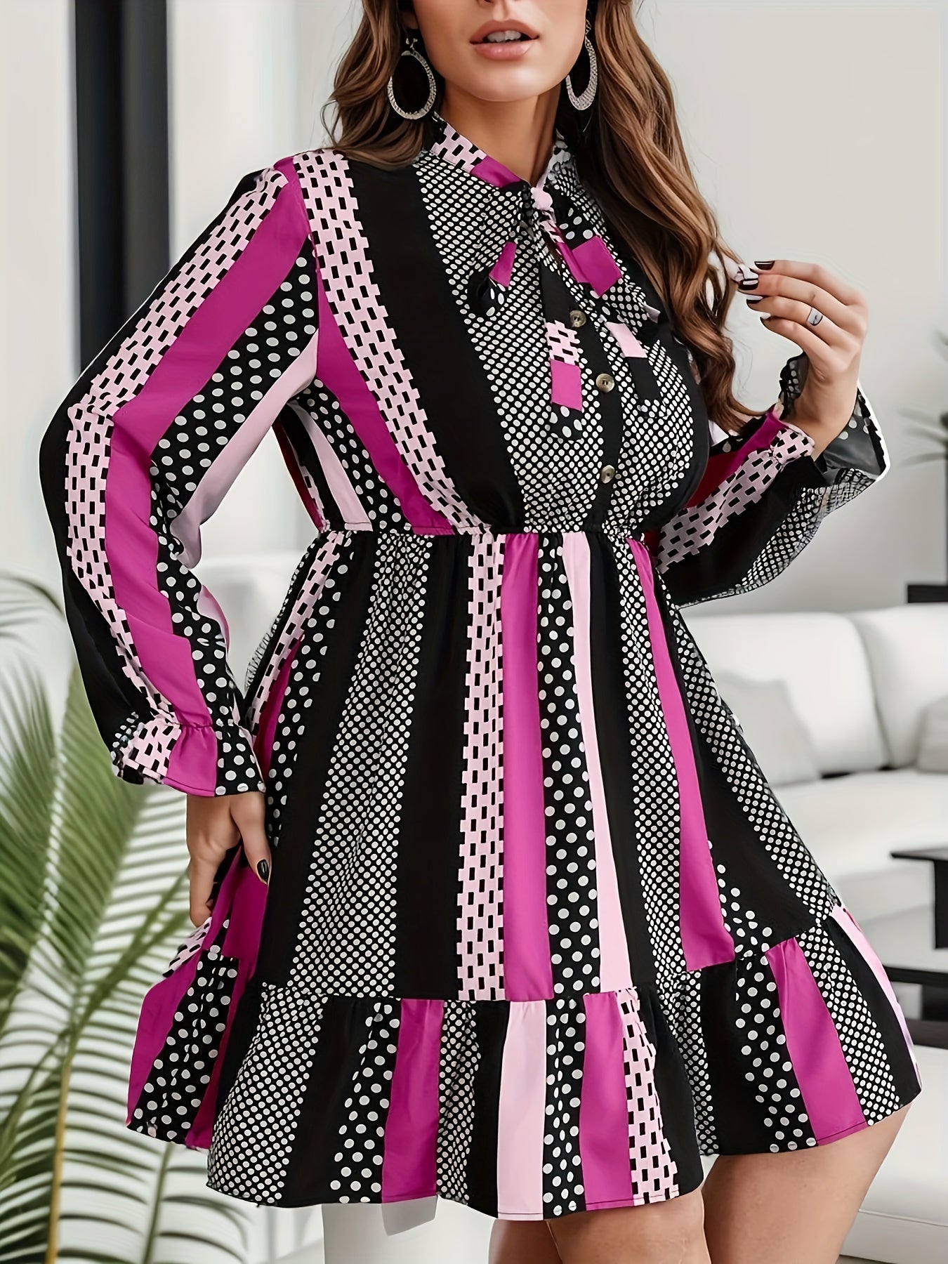  Colorblock Dot Print Lantern Sleeve Bow Knot Button Up Dress
