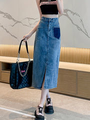 High Waist Denim Midi Skirt A Line Mid Stretch High Rise Versatile