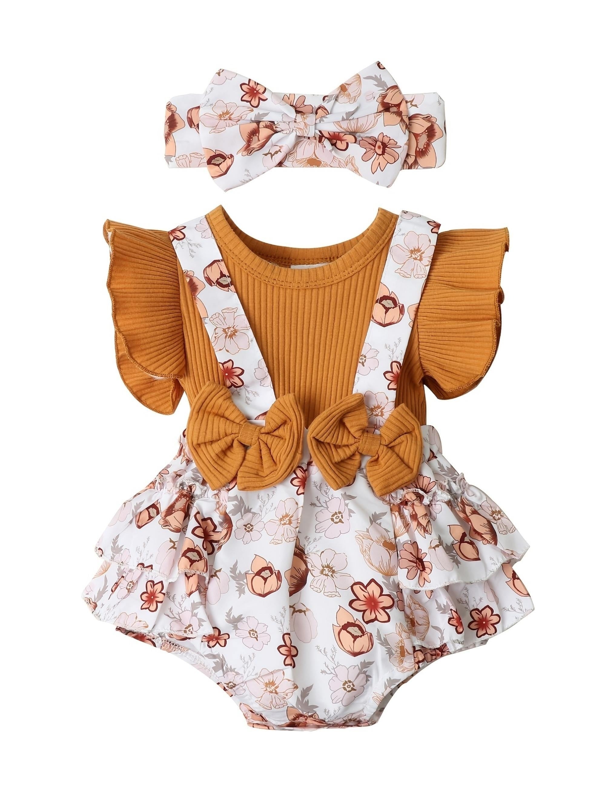 2pcs Baby Girls Elephant Fly Sleeve Onesie & Headband Set