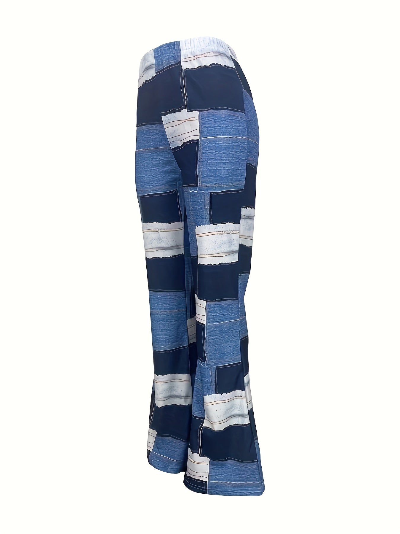  Denim Print High Waist Flared Leg Stretch Trousers