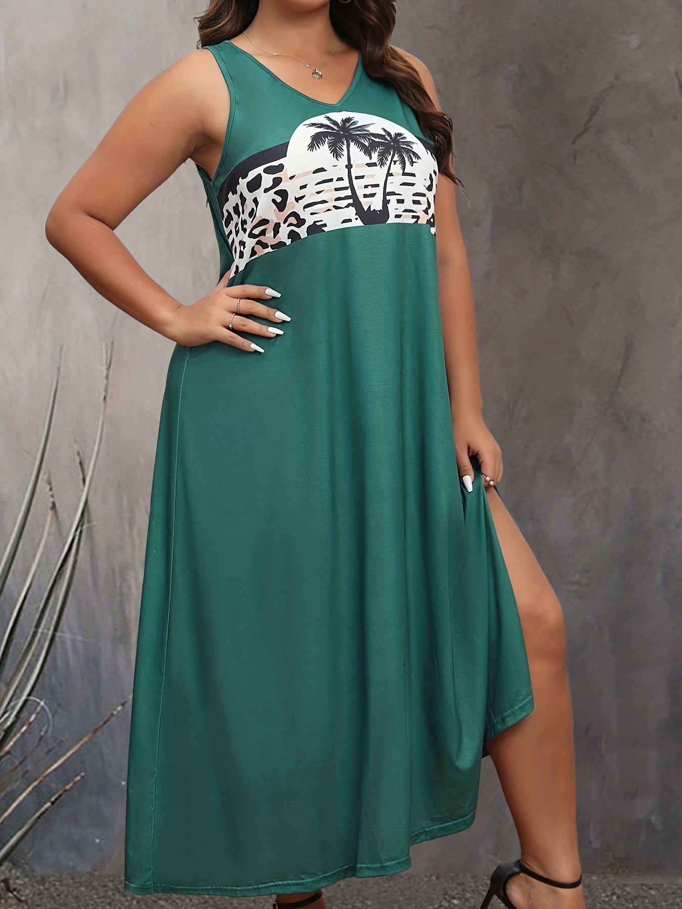  Leopard Print Maxi Tank Dress V Neck Medium Stretch